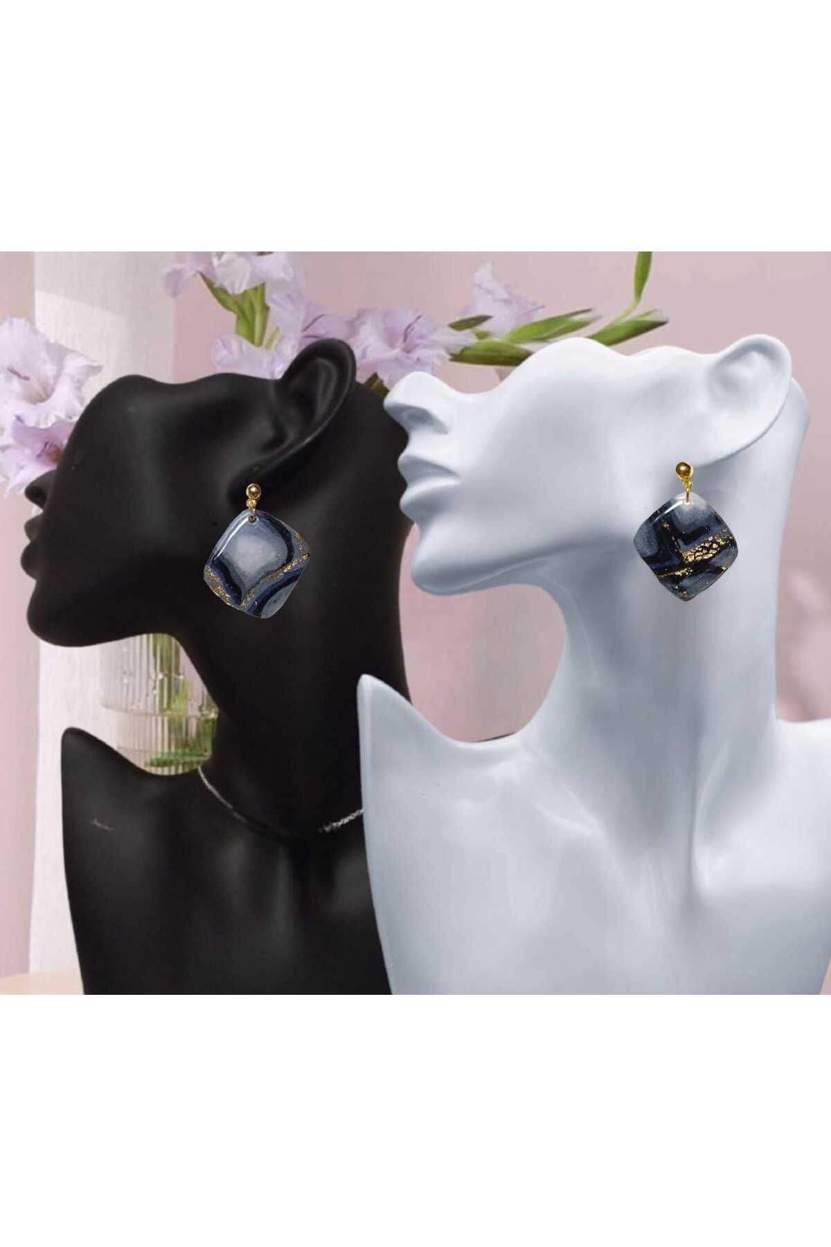 Siyah- Gri Polimer Kil & Epoksi Tasarım Küpe