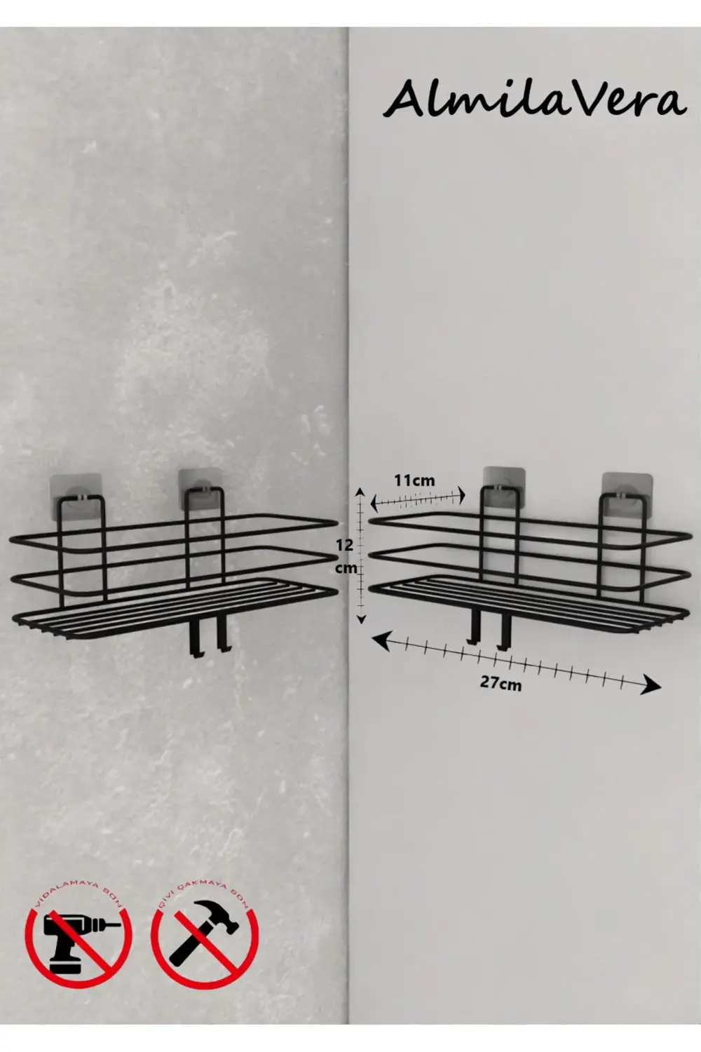 Siyah Güçlü Yapışkanlı Kancalı Banyo Rafı 2 Adet.