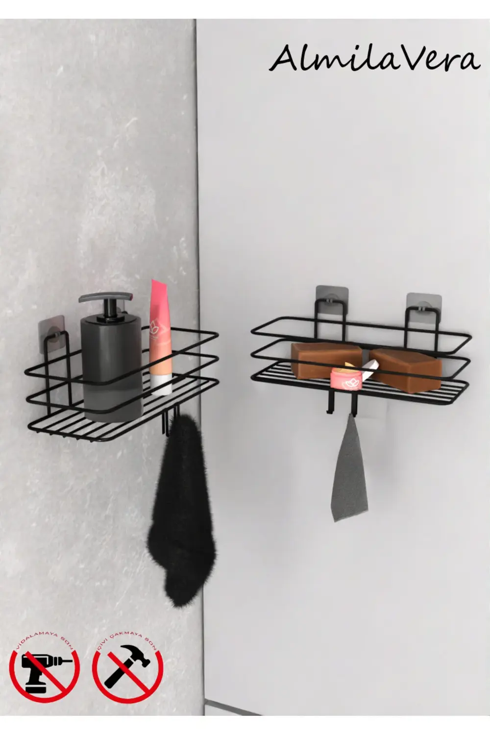 Siyah Güçlü Yapışkanlı Kancalı Banyo Rafı 2 Adet.