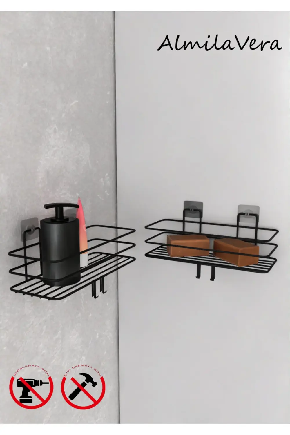 Siyah Güçlü Yapışkanlı Kancalı Banyo Rafı 2 Adet.