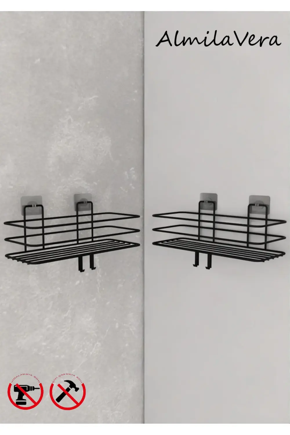 Siyah Güçlü Yapışkanlı Kancalı Banyo Rafı 2 Adet.