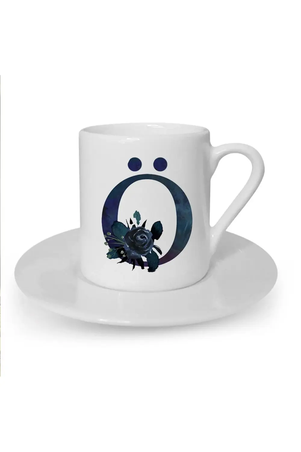 Siyah Gül Ö Harfi Baskılı Beyaz Türk Kahvesi Fincanı