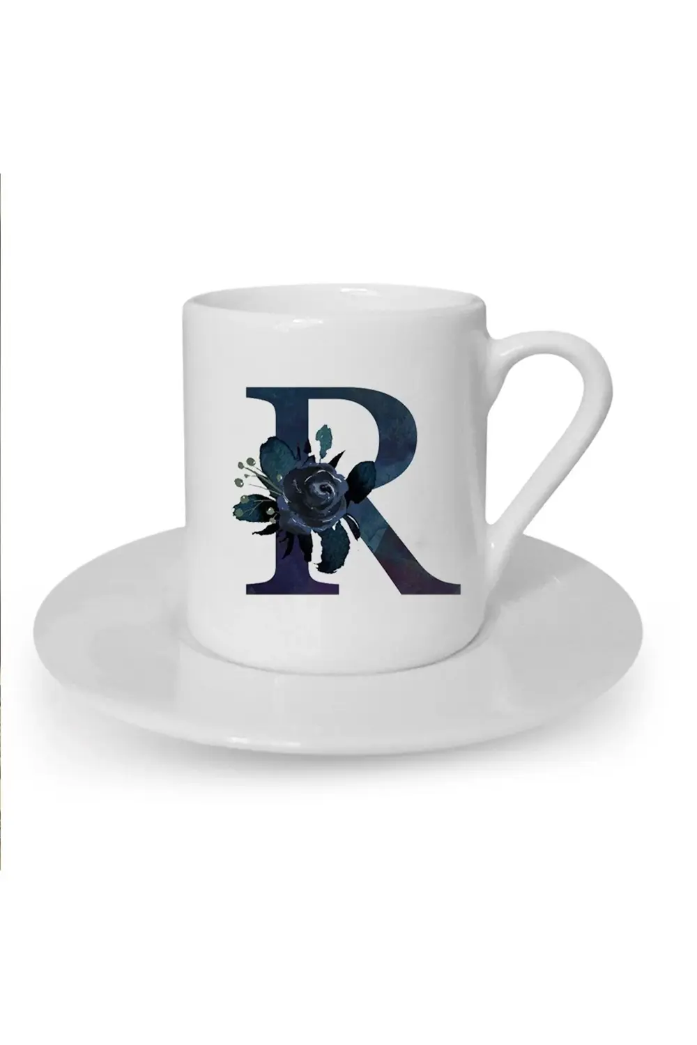 Siyah Gül R Harfi Baskılı Beyaz Türk Kahvesi Fincanı