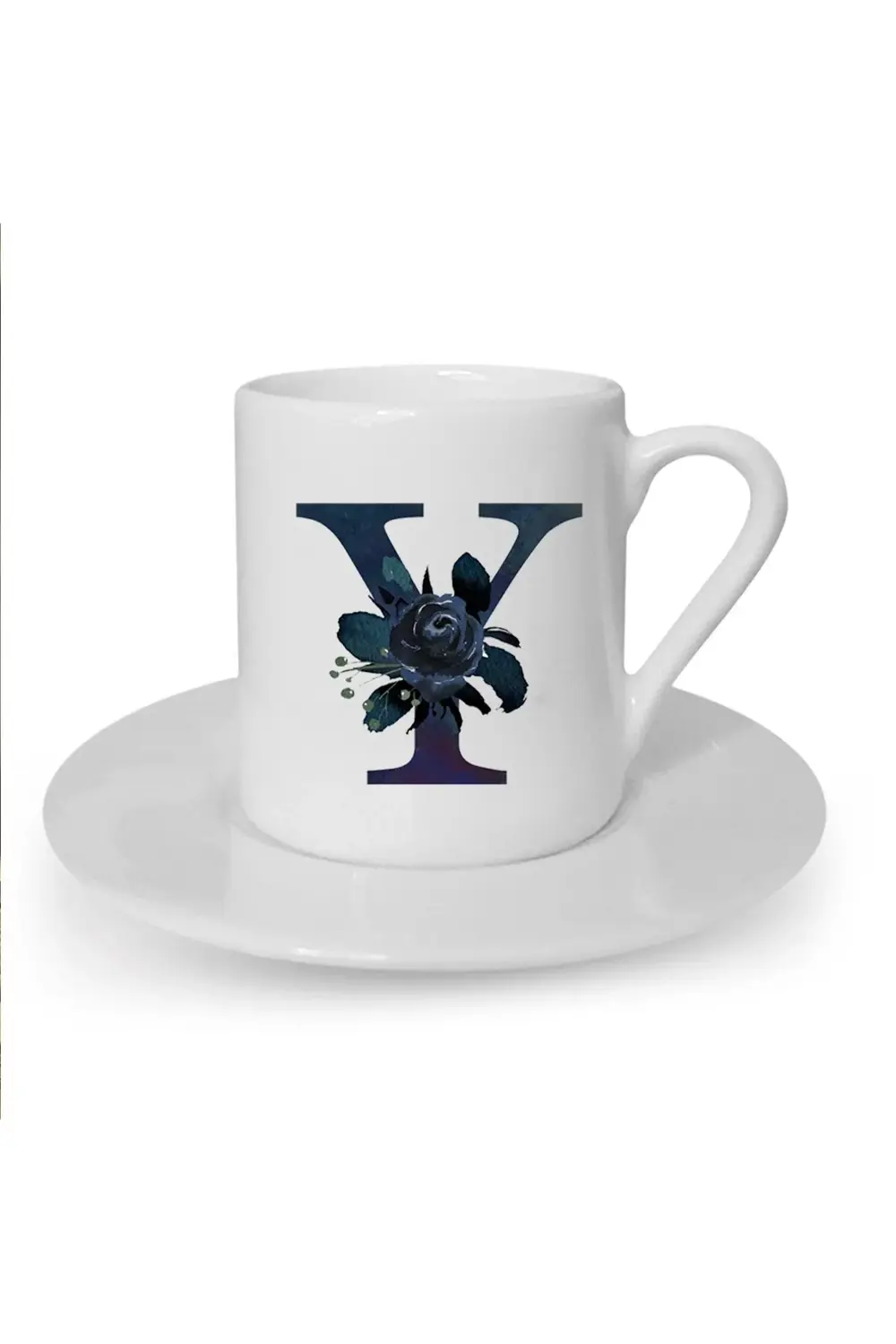 Siyah Gül Y Harfi Baskılı Beyaz Türk Kahvesi Fincanı