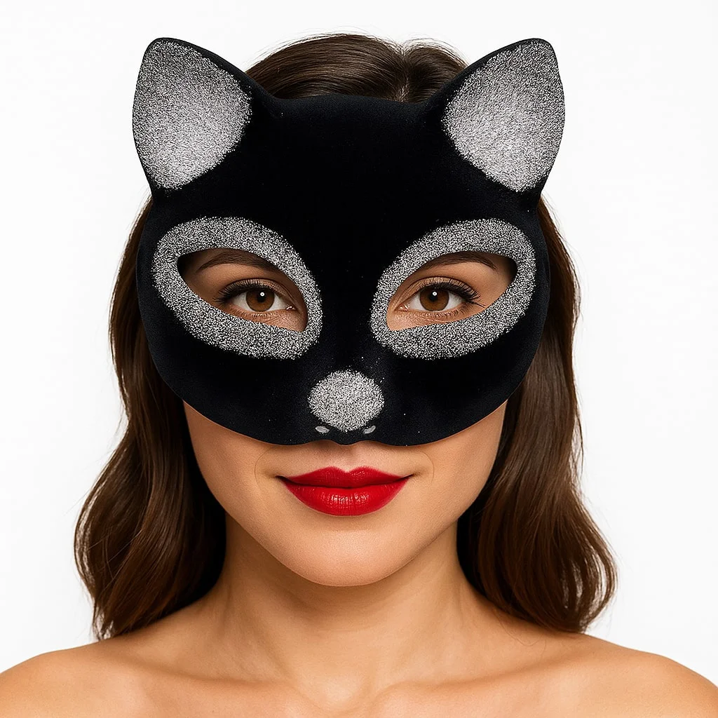 Siyah Gümüş Simli Süet Kedi Maskesi – Maskeli Balolar İçin Şık Aksesuar 18x14 cm