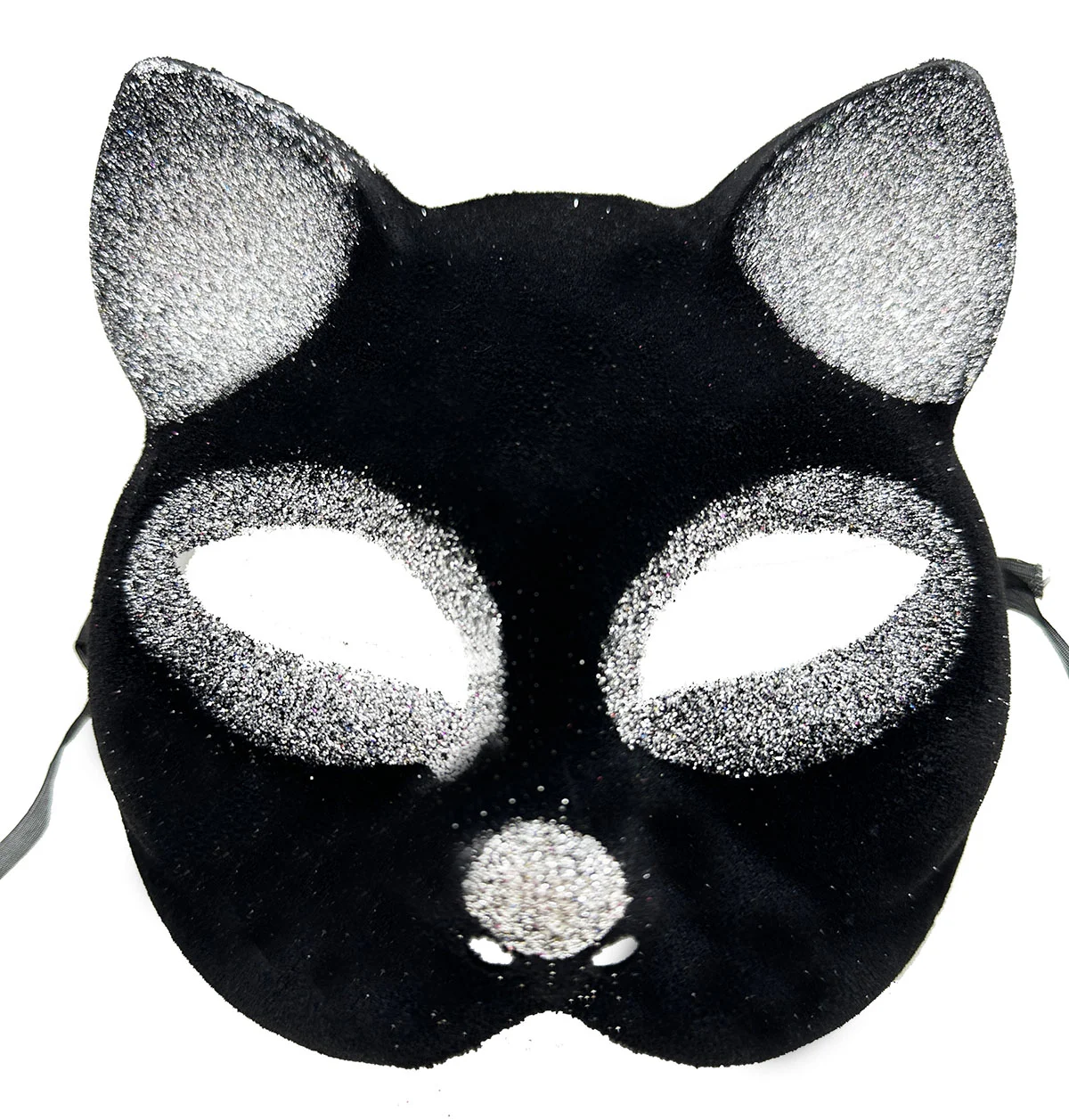 Siyah Gümüş Simli Süet Kedi Maskesi – Maskeli Balolar İçin Şık Aksesuar 18x14 cm