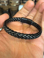 Tükkan Accessories Siyah Hakiki Deri Örgü Model Bileklik Miknatisli Geçirmeli Erkek 