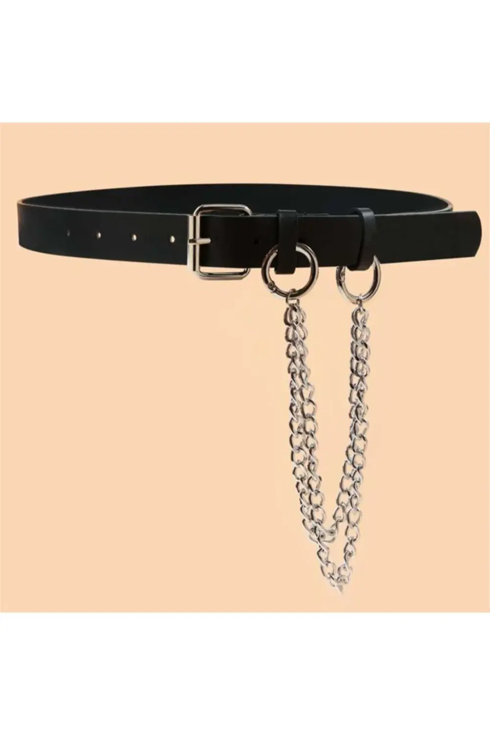 Siyah Halkalı Çift Zincir Suni Deri Kemer