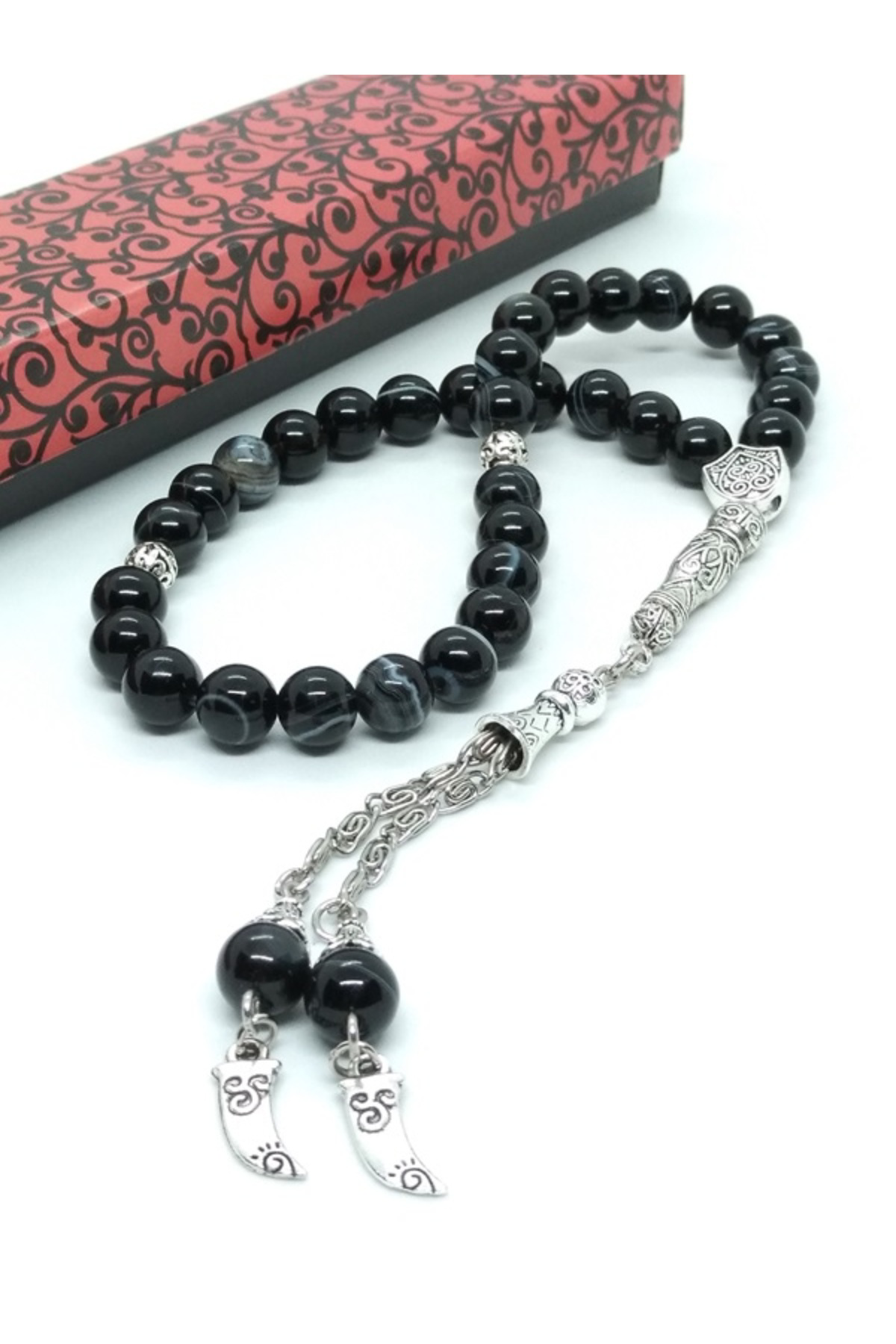 Taşlı İşler Siyah Hareli Akik Taşı Tespih, Otantik, Osmanlı Hançeri Sallantıl