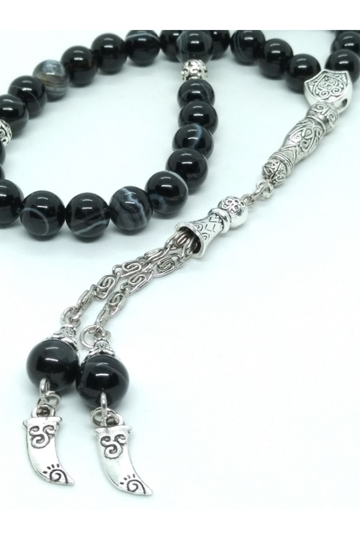 Taşlı İşler Siyah Hareli Akik Taşı Tespih, Otantik, Osmanlı Hançeri Sallantıl