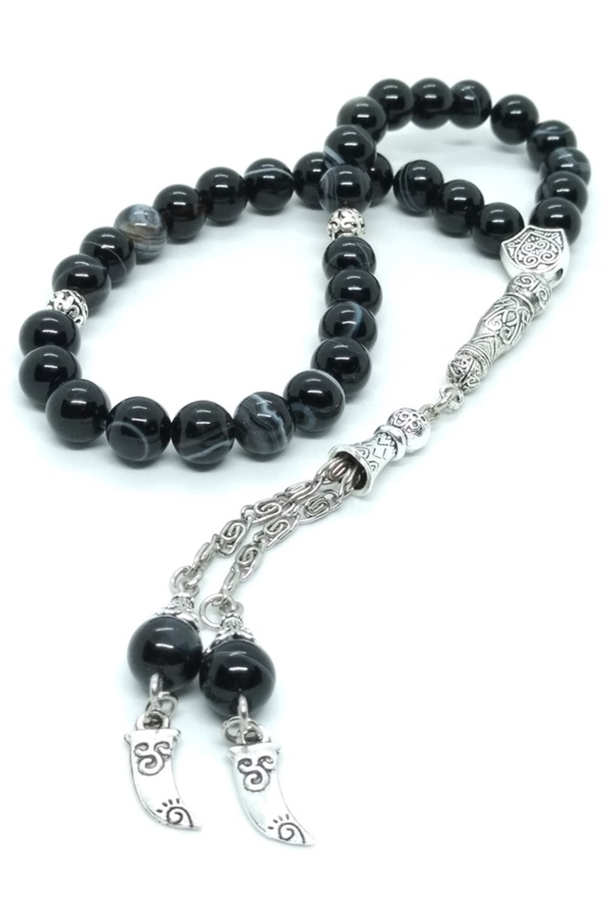 Taşlı İşler Siyah Hareli Akik Taşı Tespih, Otantik, Osmanlı Hançeri Sallantıl