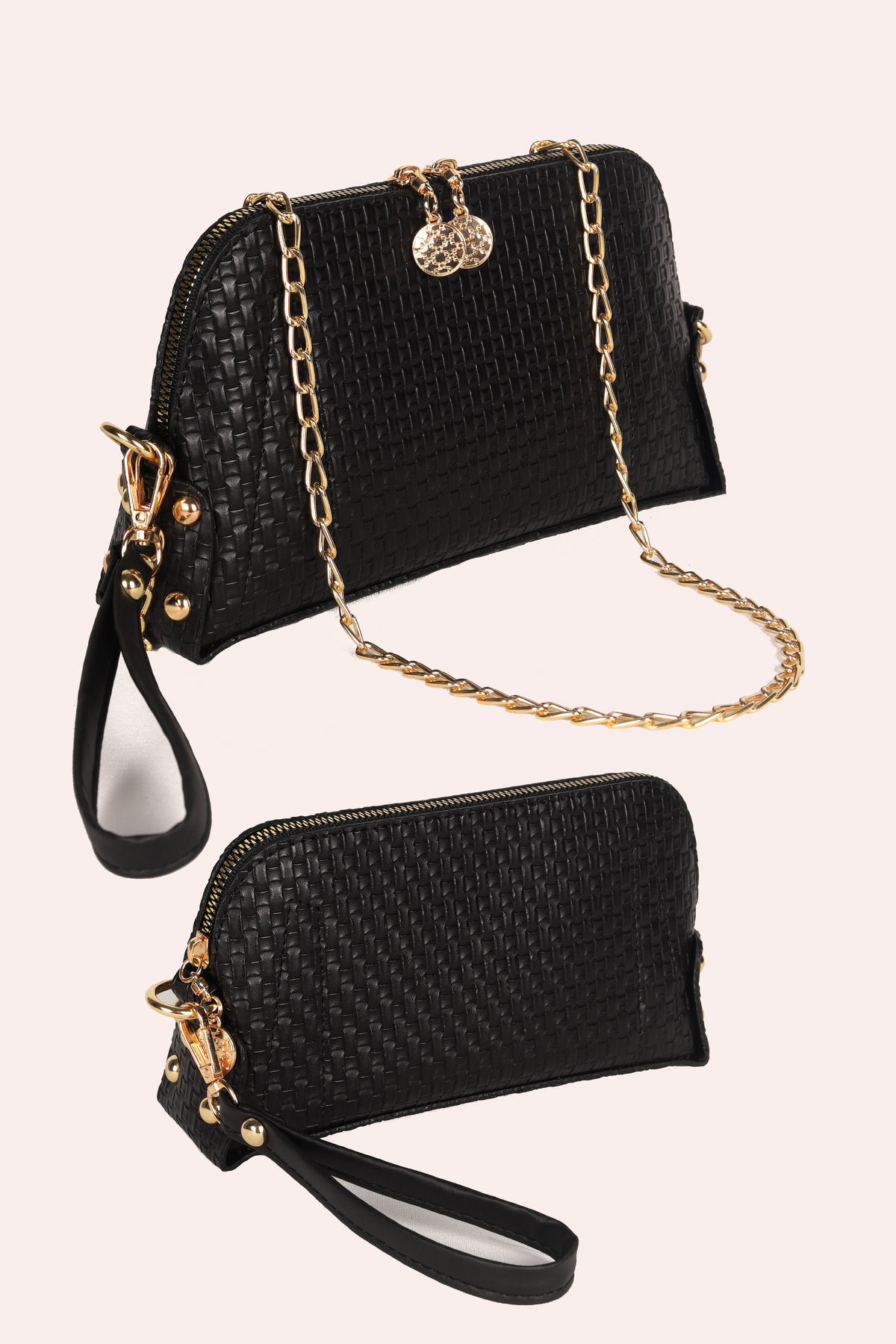 Siyah Hasır Desenli Desenli El Çantası Seti