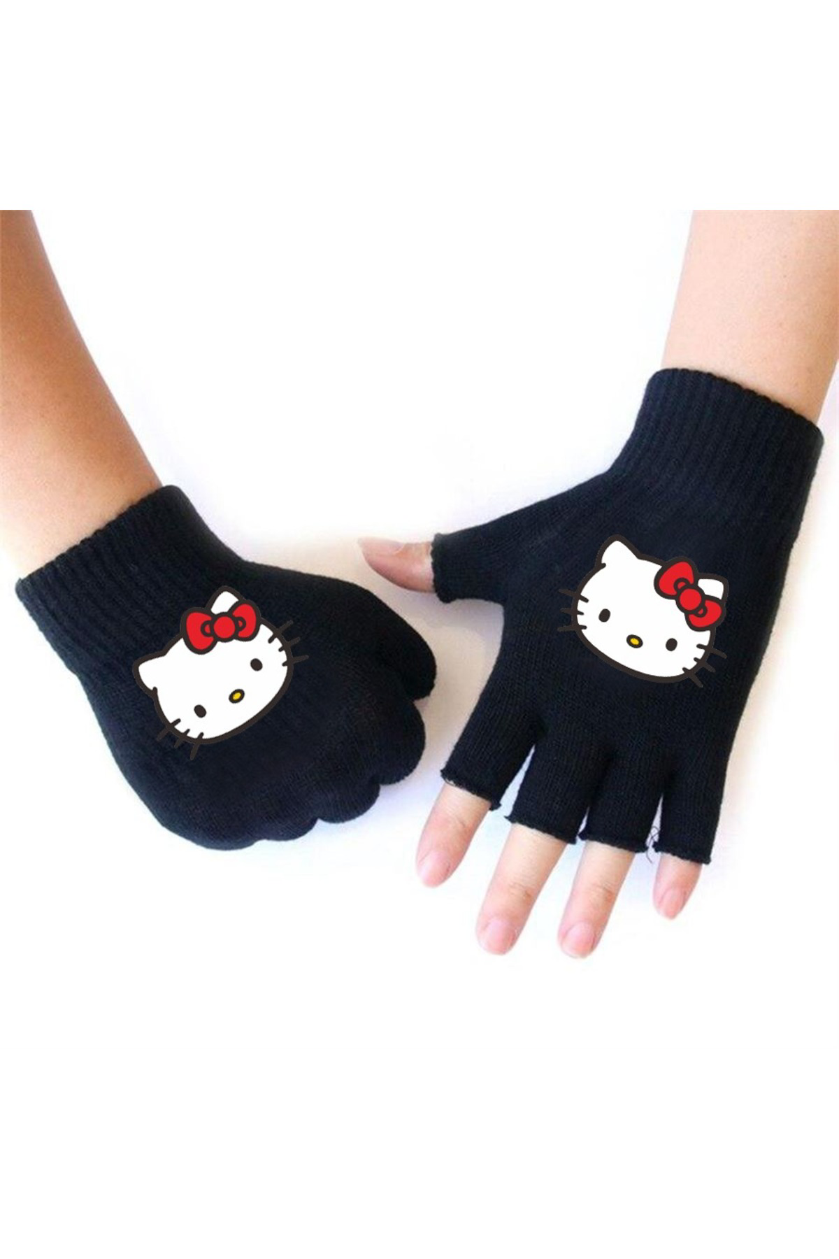 Siyah Hello Kitty Baskılı Parmak Eldiven