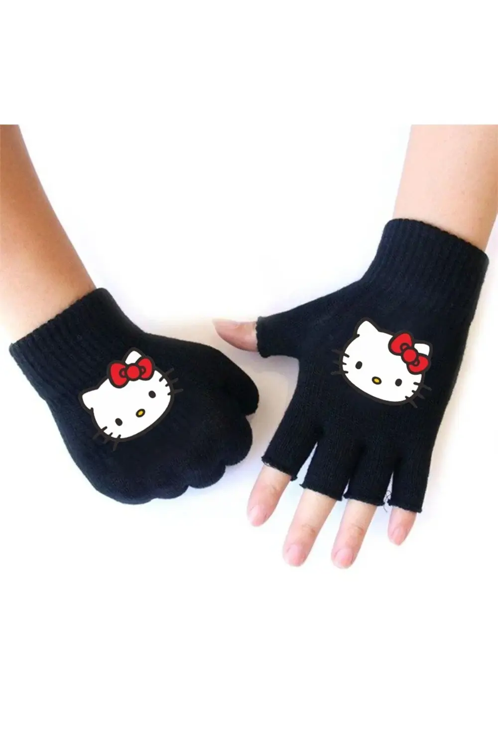 Siyah Hello Kitty Baskılı Parmak Eldiven