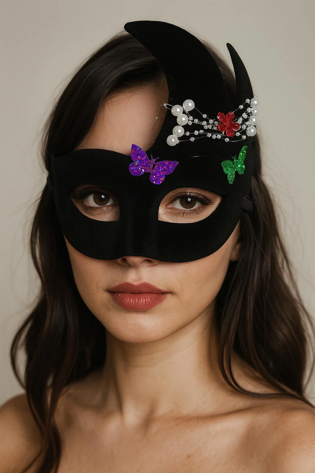 Siyah İncili Süet Venedik Parti Maskesi – 20x22 cm Taşlı Maske
