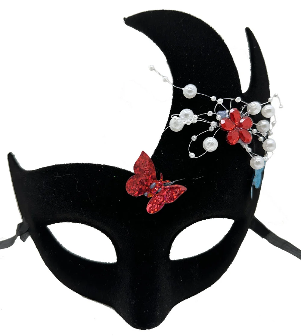 Siyah İncili Süet Venedik Parti Maskesi – 20x22 cm Taşlı Maske