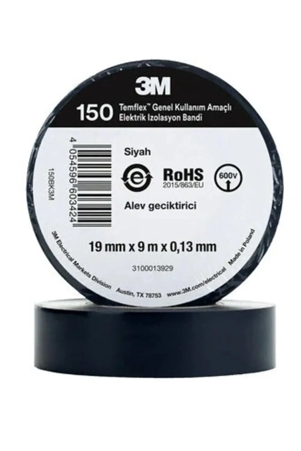 Siyah İzole Elektrik Bantı (0,13mmx19mmx9,14Metre) Elektrik Bandı