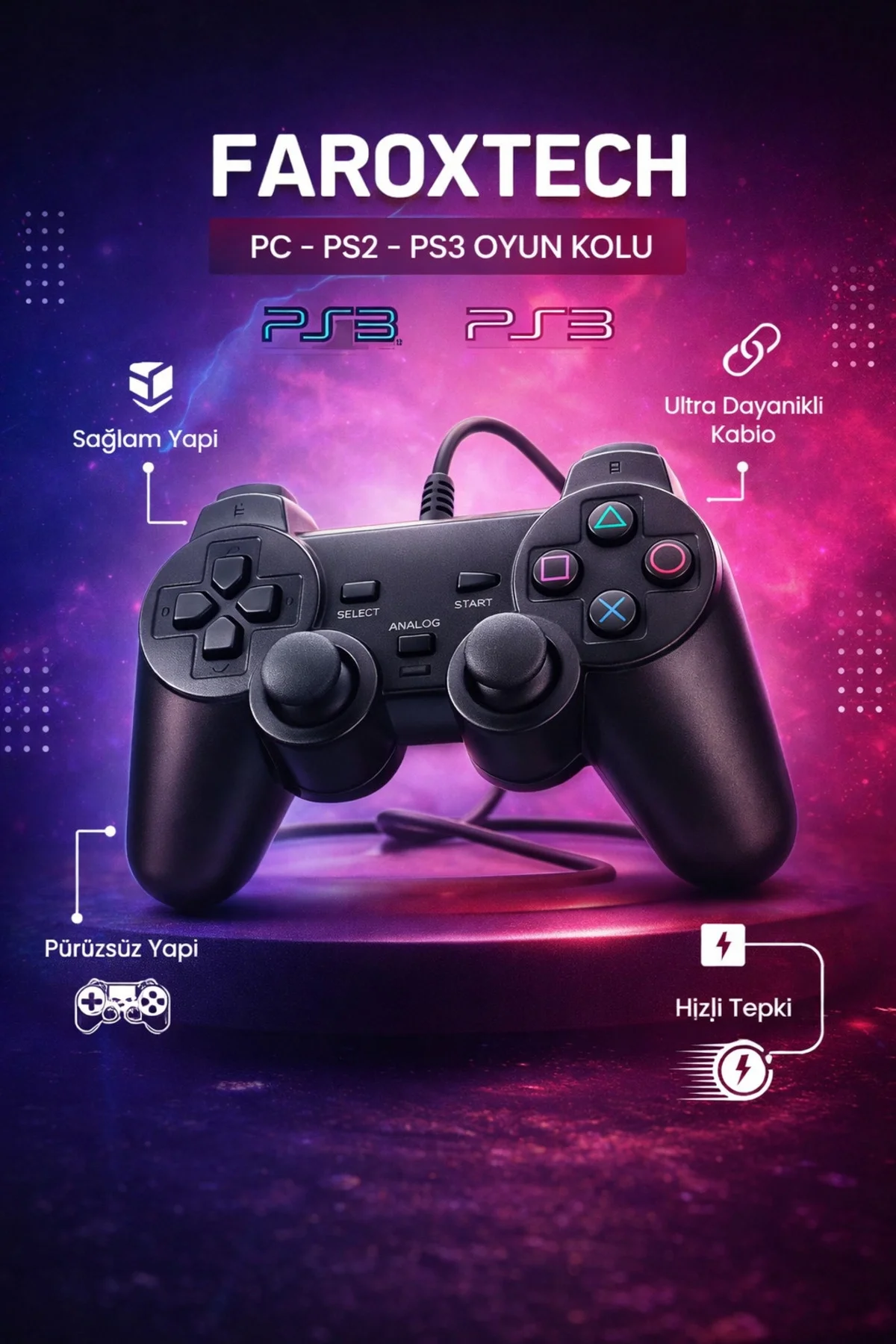 Siyah kablolu titreşimli analog joystick PC uyumlu Bluetooth'suz garantisiz - Elektronik