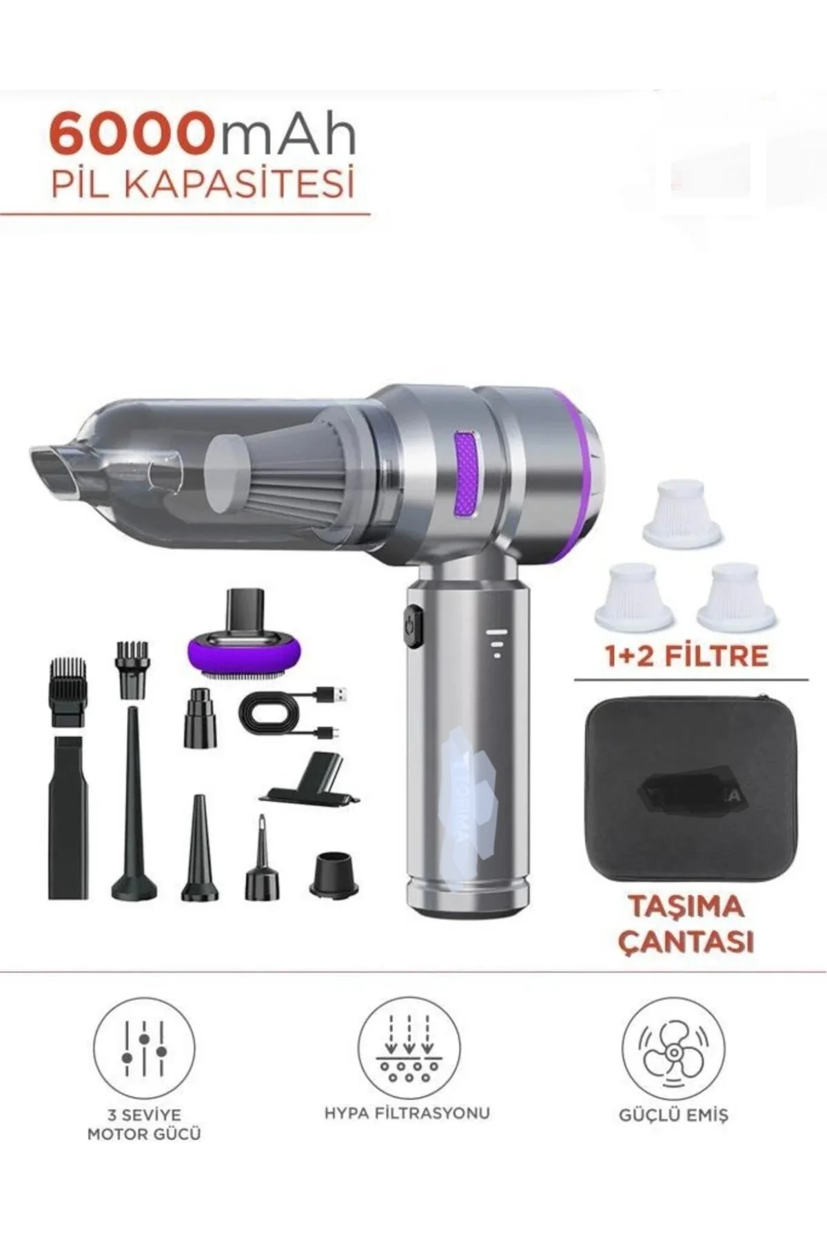 Siyah kablosuz araç içi süpürge 0-250 watt 81-90 dBA 2 yıl garantili şarjlı model
