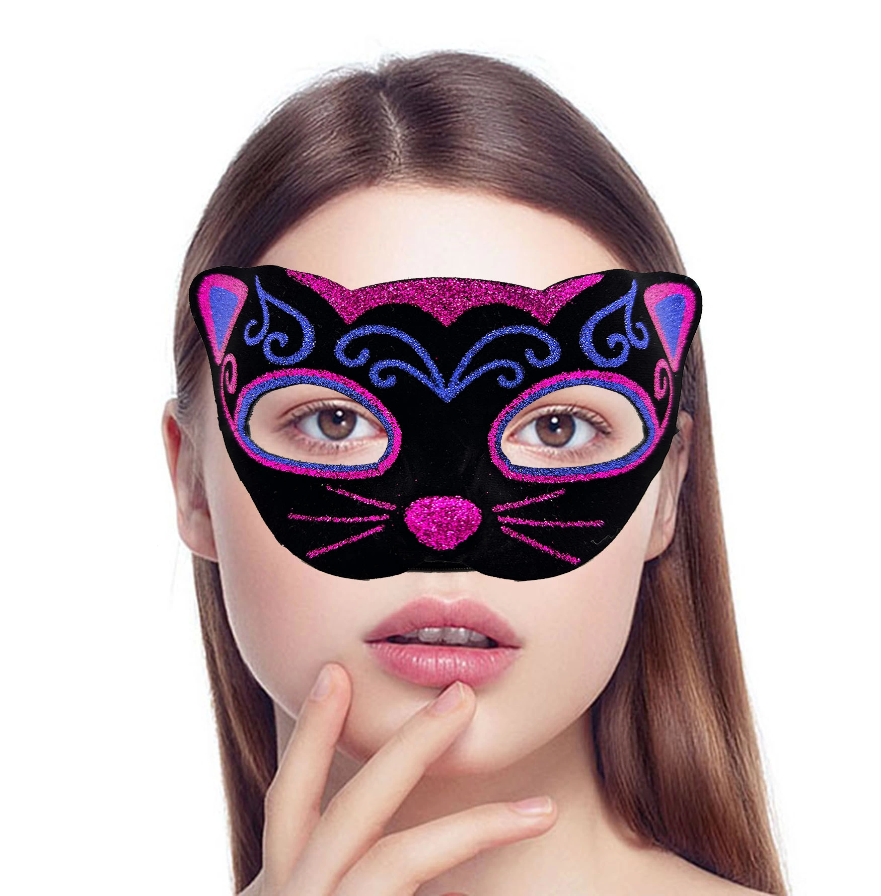 Siyah Kadife Kaplama Üzeri Pembe Mavi Sim İşlemeli Kedi Maskesi 2