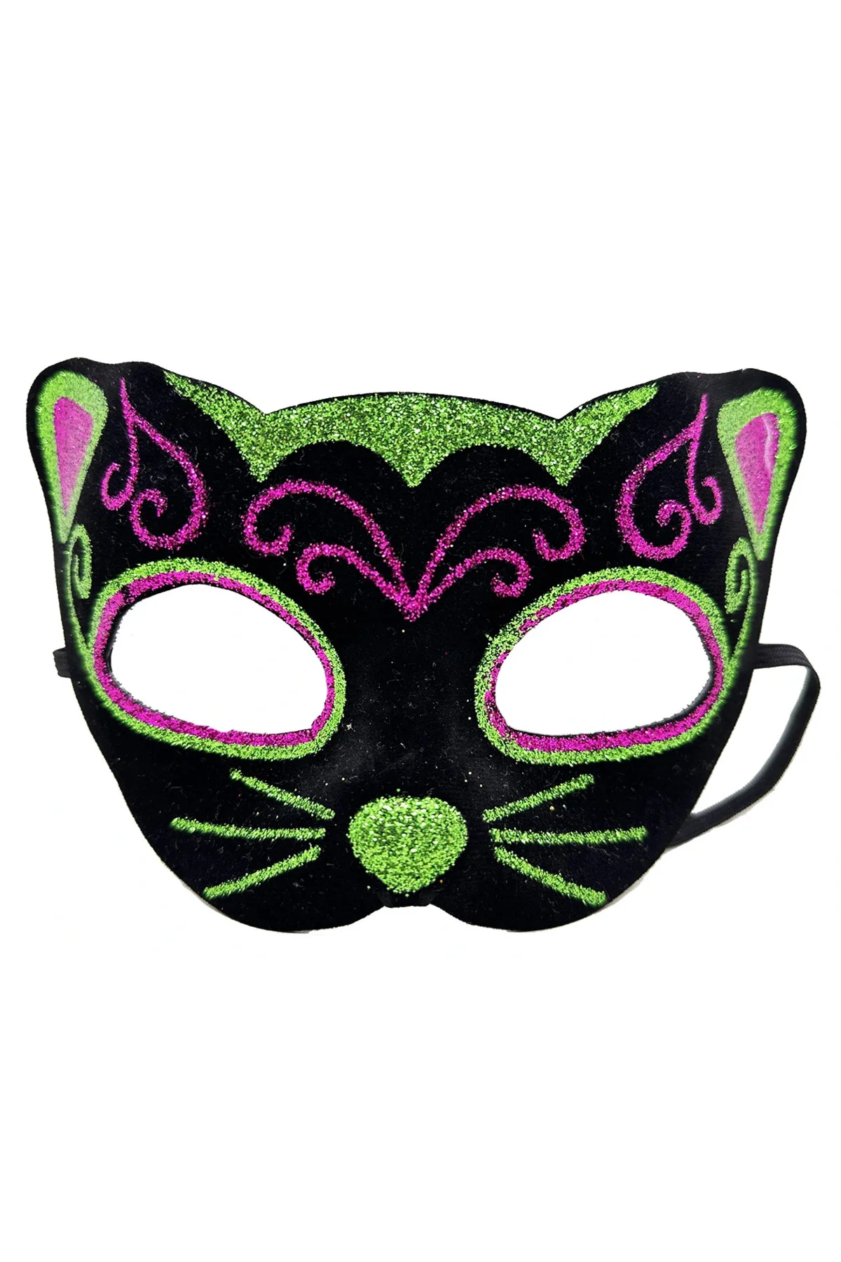 Siyah Kadife Kaplama Üzeri Pembe Yeşil Sim İşlemeli Kedi Maskesi 20X13 Cm - Görsel 2