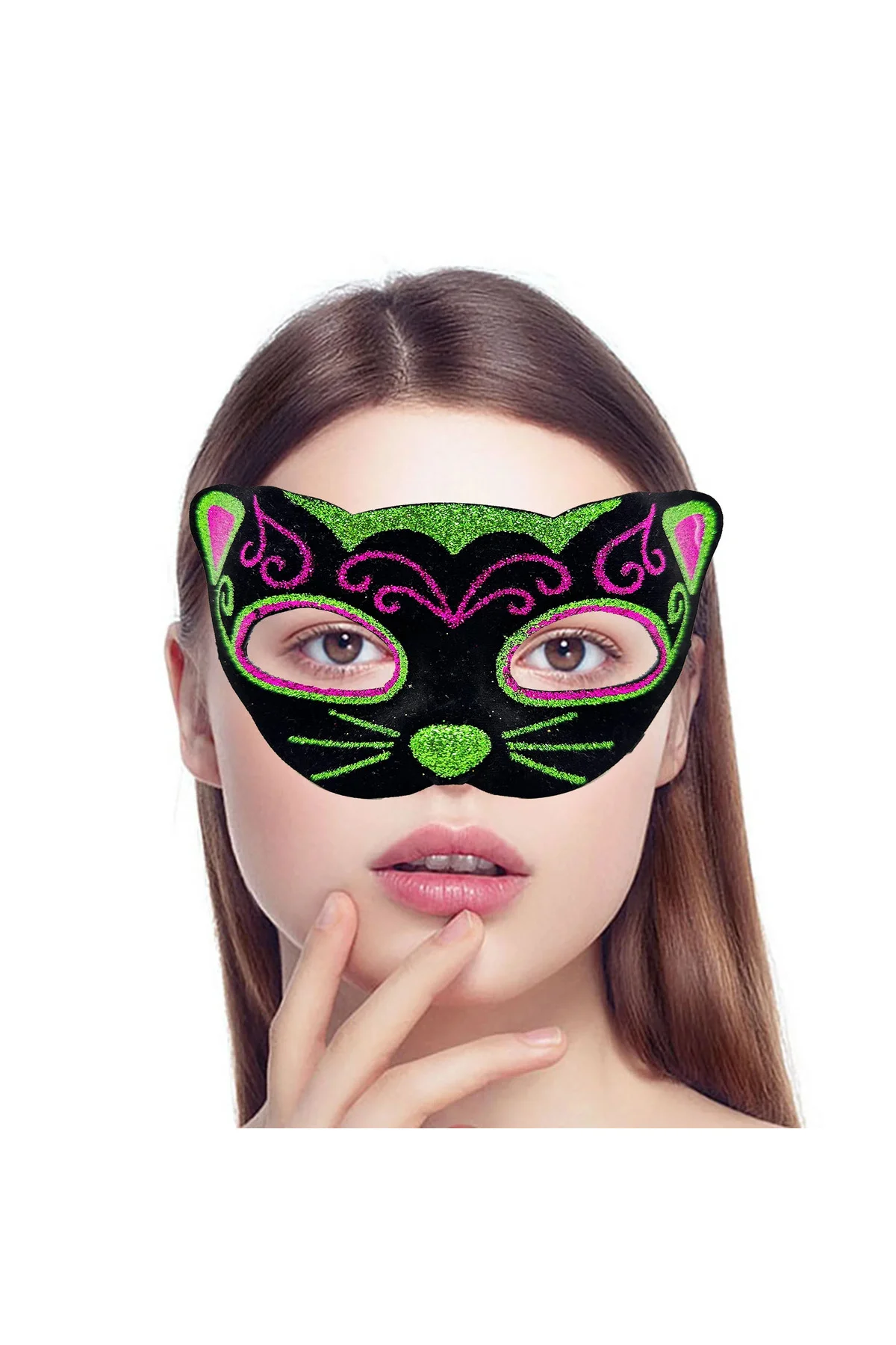Siyah Kadife Kaplama Üzeri Pembe Yeşil Sim İşlemeli Kedi Maskesi 20x13 cm