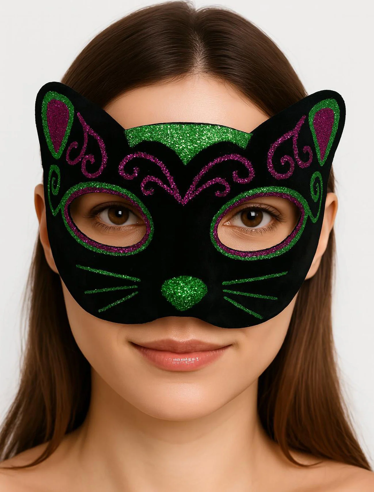Siyah Kadife Kedi Maskesi – Parti & Kostüm İçin Sim İşlemeli Maske