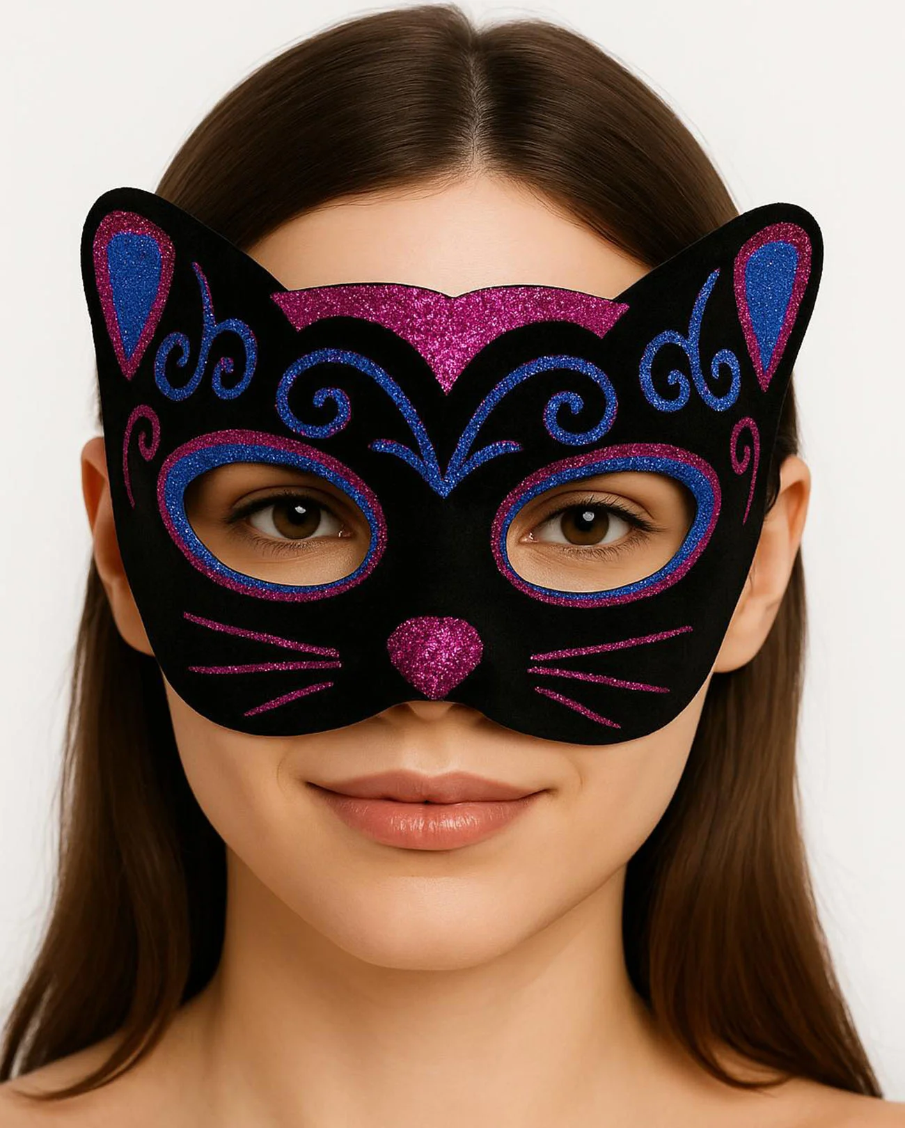 Siyah Kadife Kedi Maskesi - Pembe Mavi Sim İşlemeli Maskeli Parti Maske
