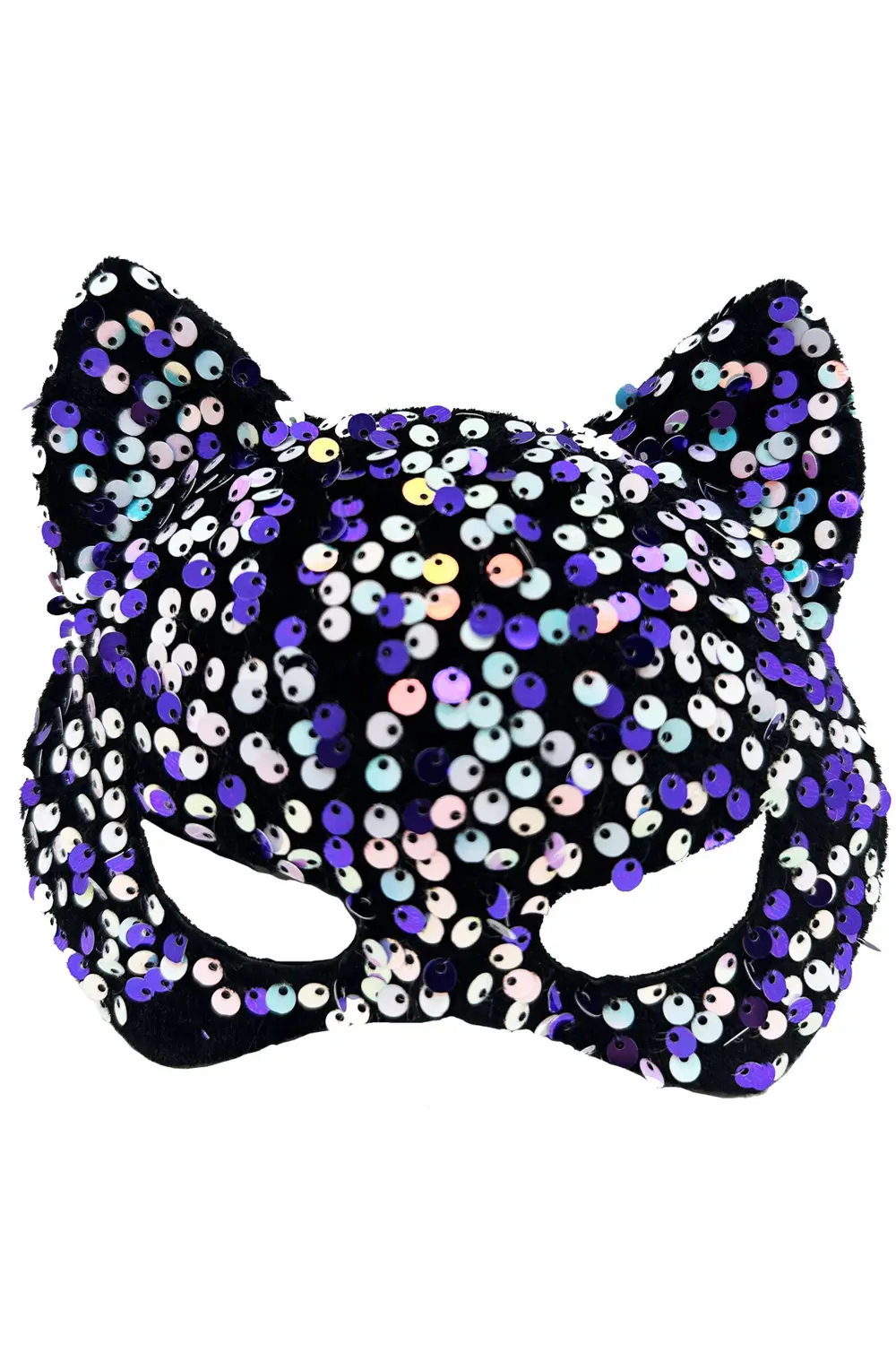 Siyah Kadife Kumaş Üzerine Mor Beyaz Payetli Pullu Parti Maskesi