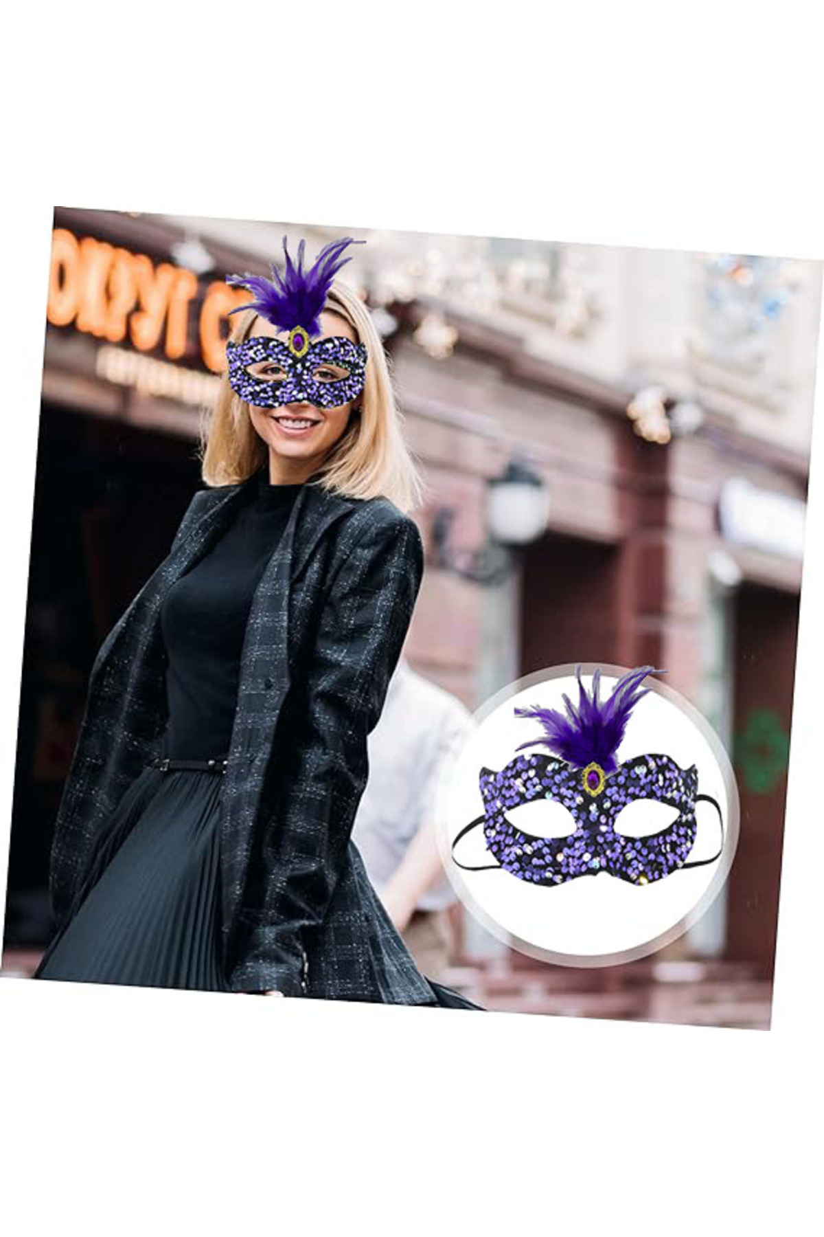 Ok Aksesuar Siyah Kadife Üzeri Rengarenk Payetli Pullu Mor Tüylü Mor Taşli Pa