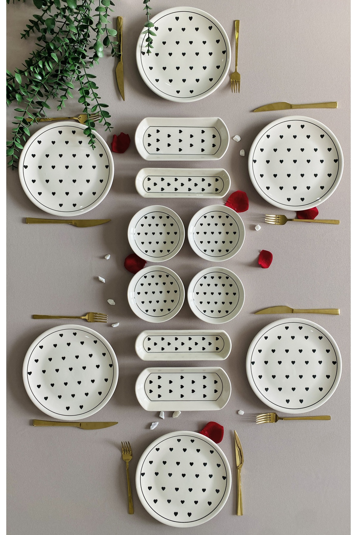 Siyah Kalp Desen 6 Kişilik 14 Parça Kahvaltı Takımı