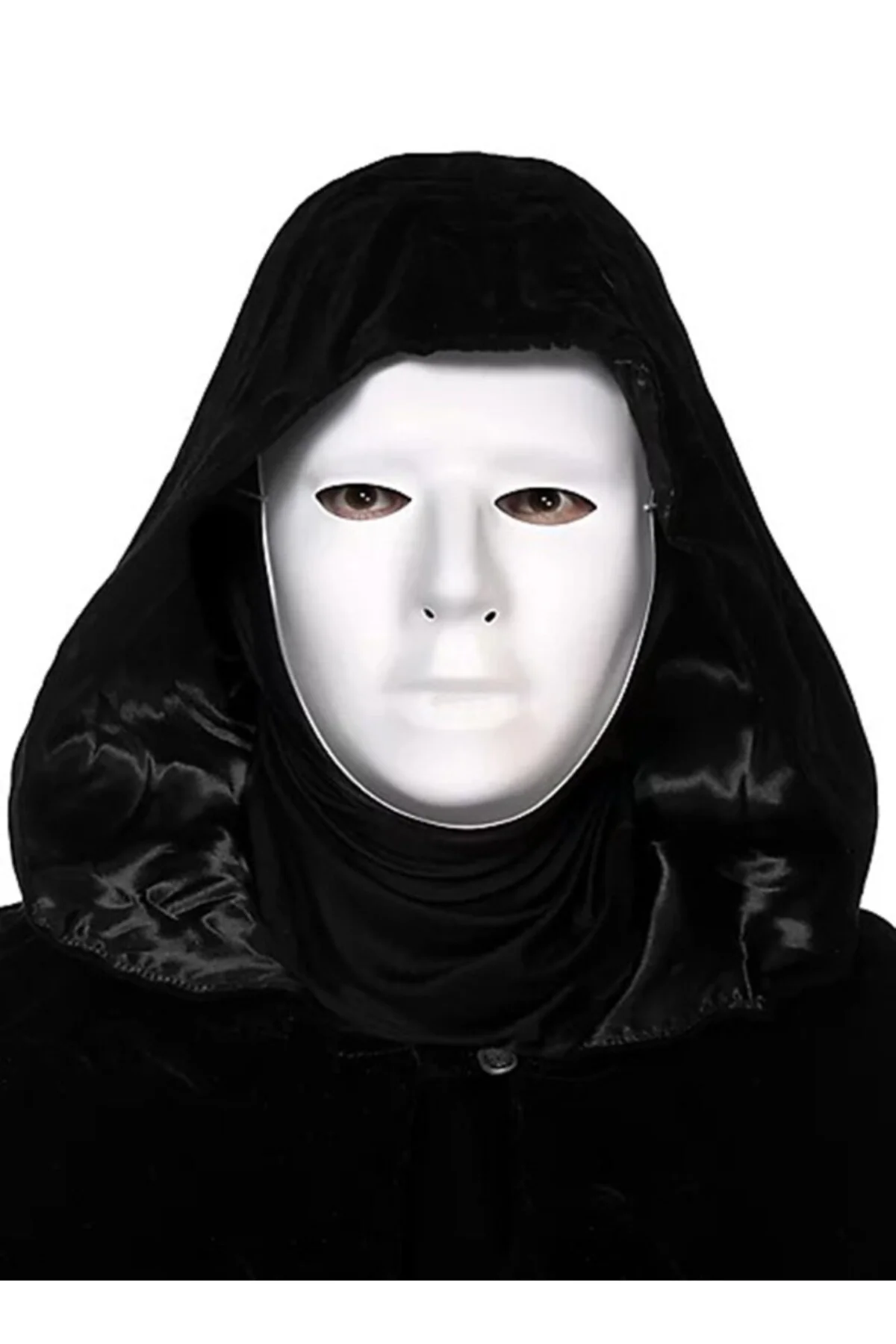 Siyah Kapüşonlu 120 cm Pelerin ve Beyaz Boyanabilir Tam Yüz Maske