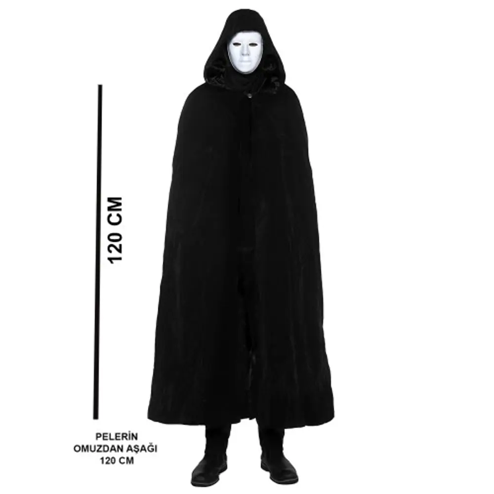 Siyah Kapüşonlu 120 cm Pelerin ve Beyaz Boyanabilir Tam Yüz Maske