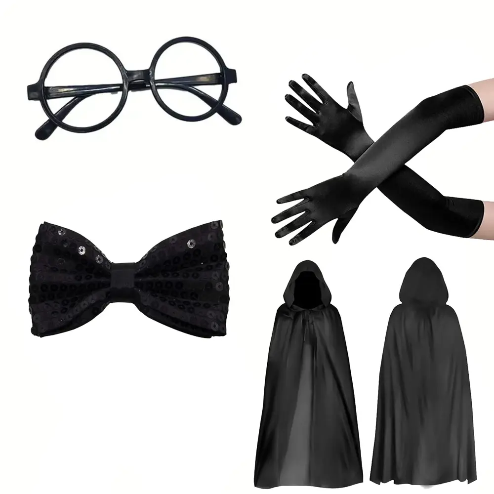 Siyah Kapüşonlu Büyücü ve Cadı Pelerin Kostüm Seti (4 Parça) (474