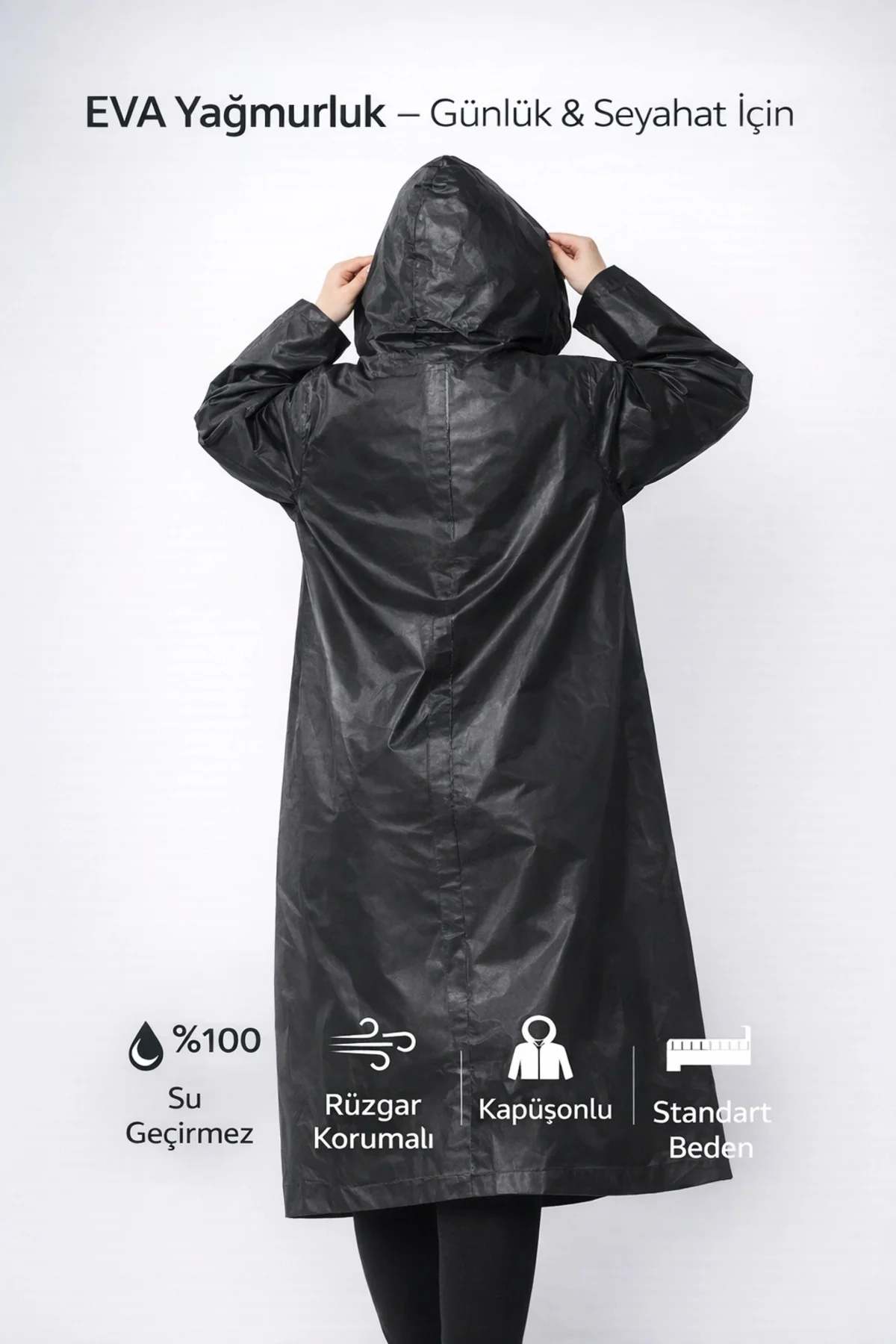 Siyah Kapüşonlu Çıtçıtlı Eva Yağmurluk Rüzgar ve Suya Dayanıklı U