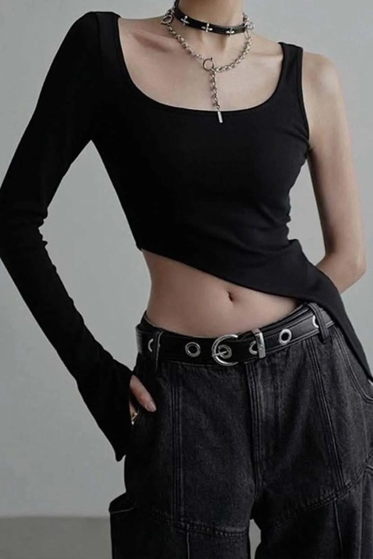 Siyah Kare yaka Tek Gotik Y2K Uzun Kollu Crop Siyah Kare yaka Tek Gotik Y2K Uzun Kollu Crop
