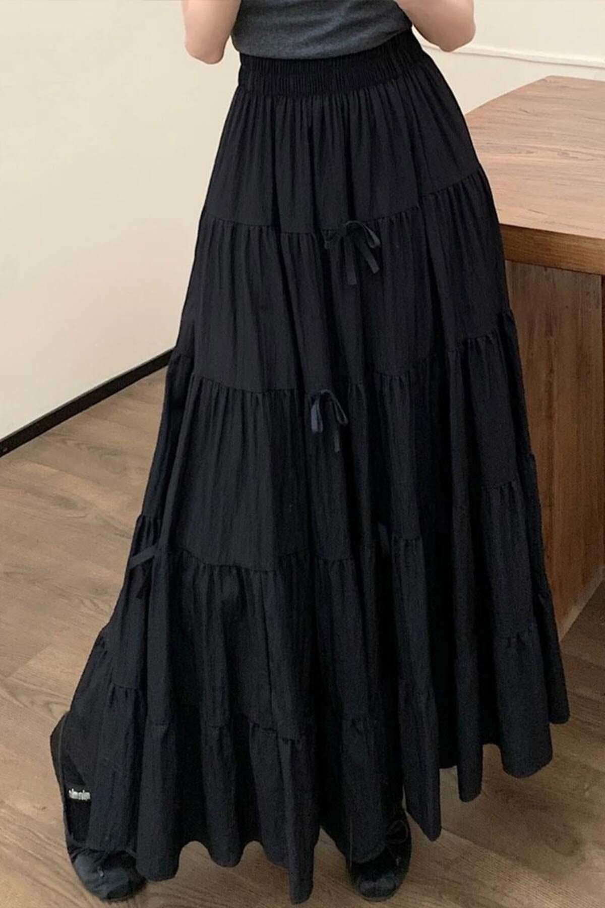 Köstebek Siyah Katlamalı Kurdeleli Uzun Etek