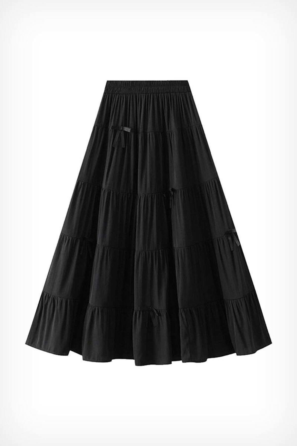 Köstebek Siyah Katlamalı Kurdeleli Uzun Etek