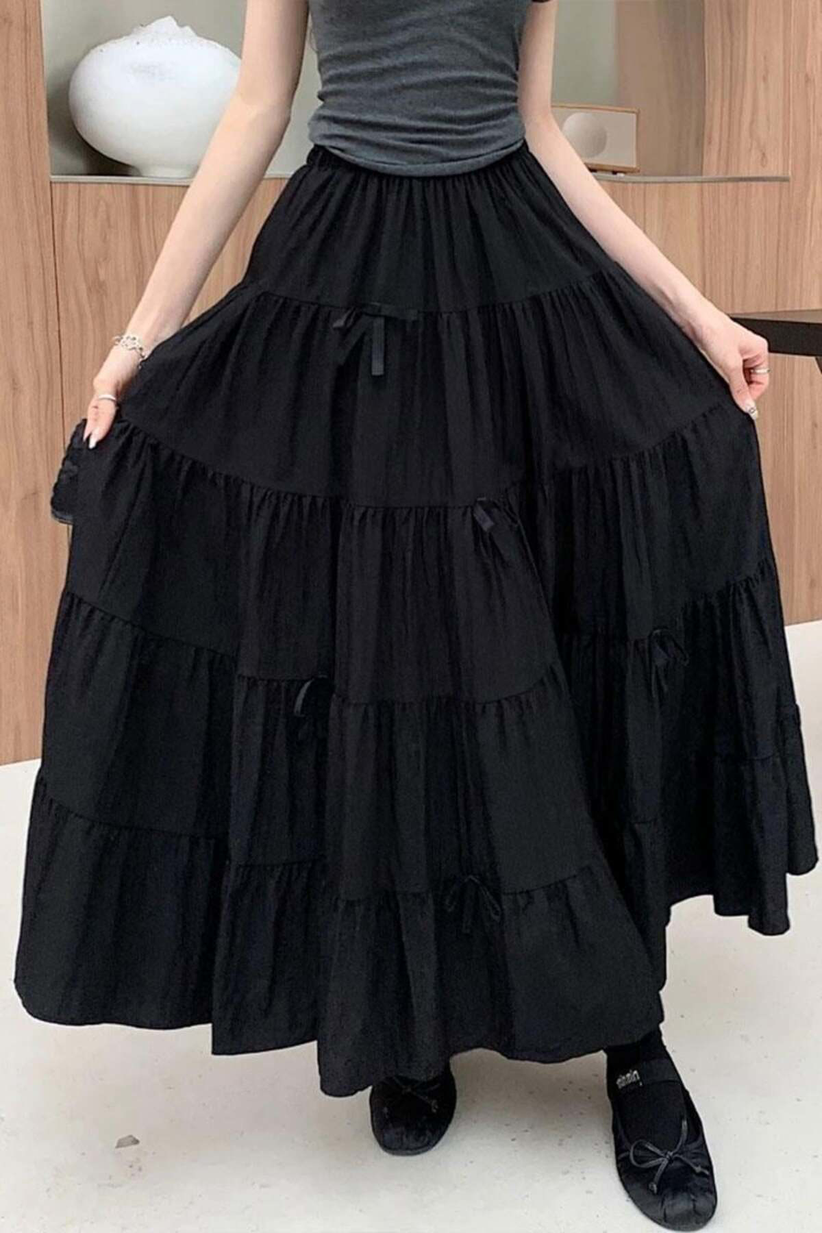 Köstebek Siyah Katlamalı Kurdeleli Uzun Etek