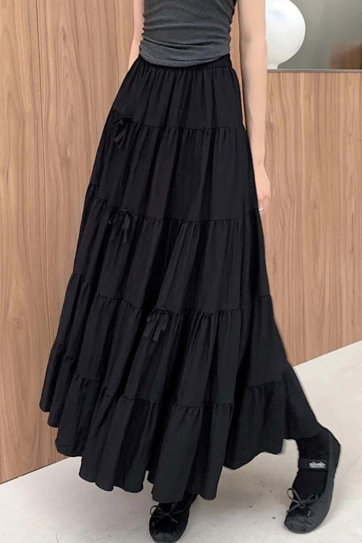 Köstebek Siyah Katlamalı Kurdeleli Uzun Etek