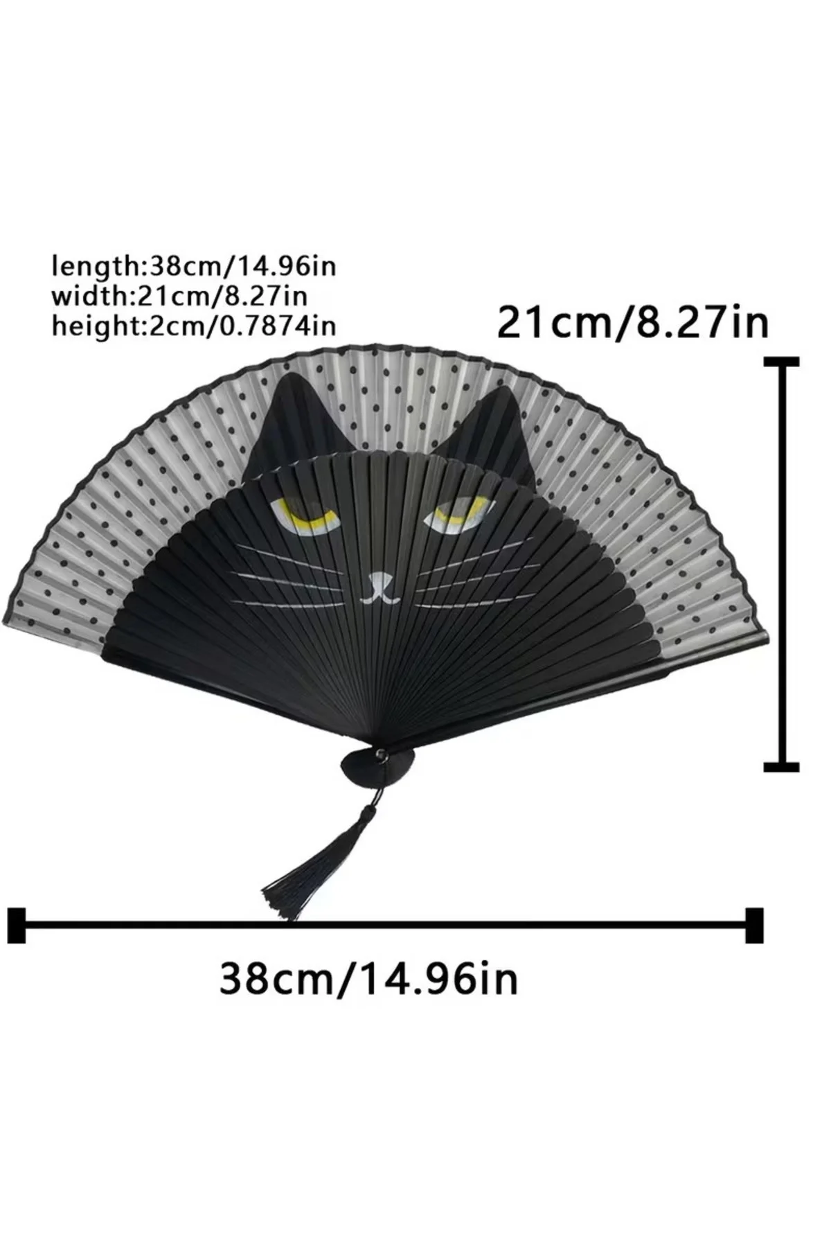 Siyah Kedi Figürlü ve Puantiyeli Püsküllü Katlanabilir El Yelpazesi / Dekoratif Yelpaze Siyah Kedi Figürlü ve Puantiyeli Püsküllü Katlanabilir El Yelpazesi / Dekoratif Yelpaze - Görsel 2