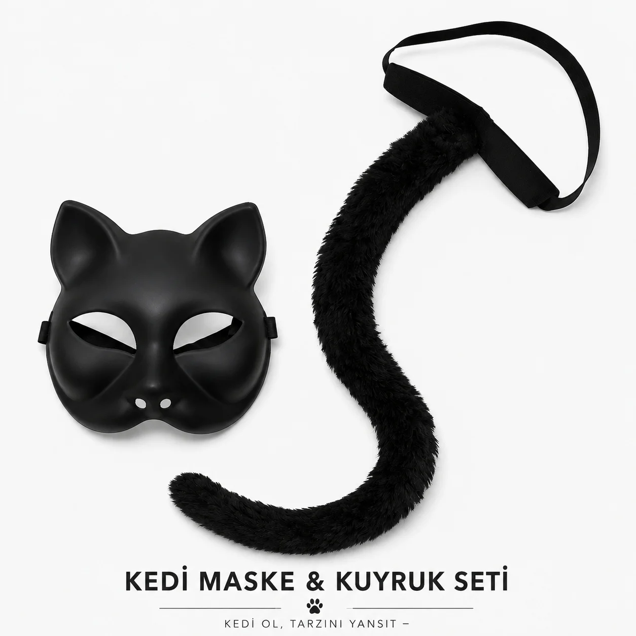 Siyah Kedi Maskesi ve Peluş Kuyruk Kostüm Seti 70 cm