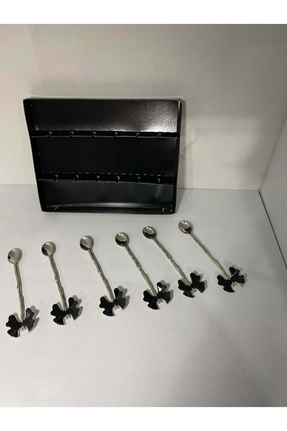 Elif Aksesuar Siyah Kelebekli Metal Çay Kaşığı 6 Lı