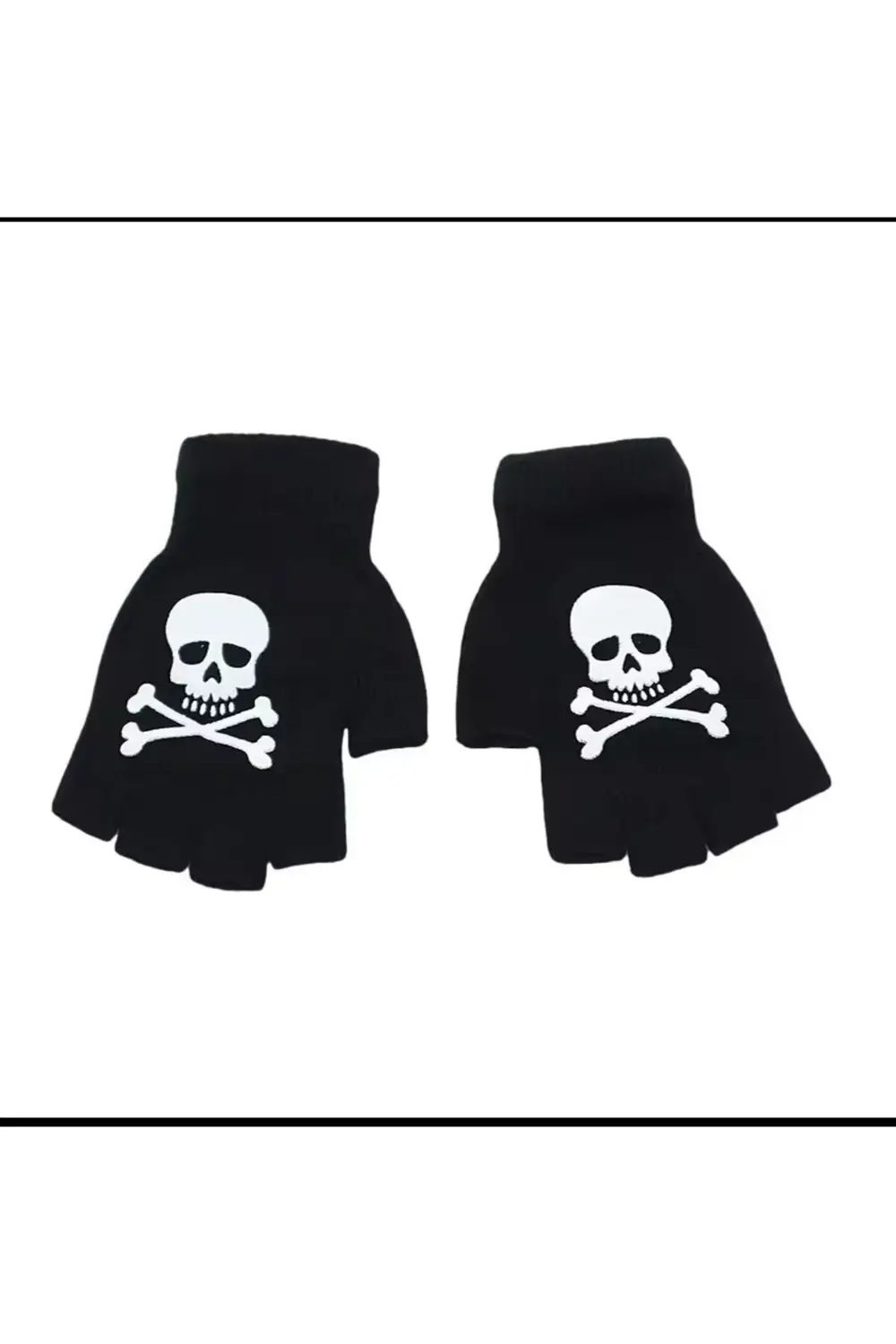 siyah kesik parmaklı kurukafa baskılı pamuklu kışlık eldiven