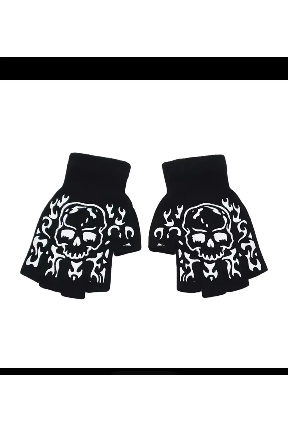 siyah kesik parmaklı kurukafa baskılı pamuklu kışlık eldiven