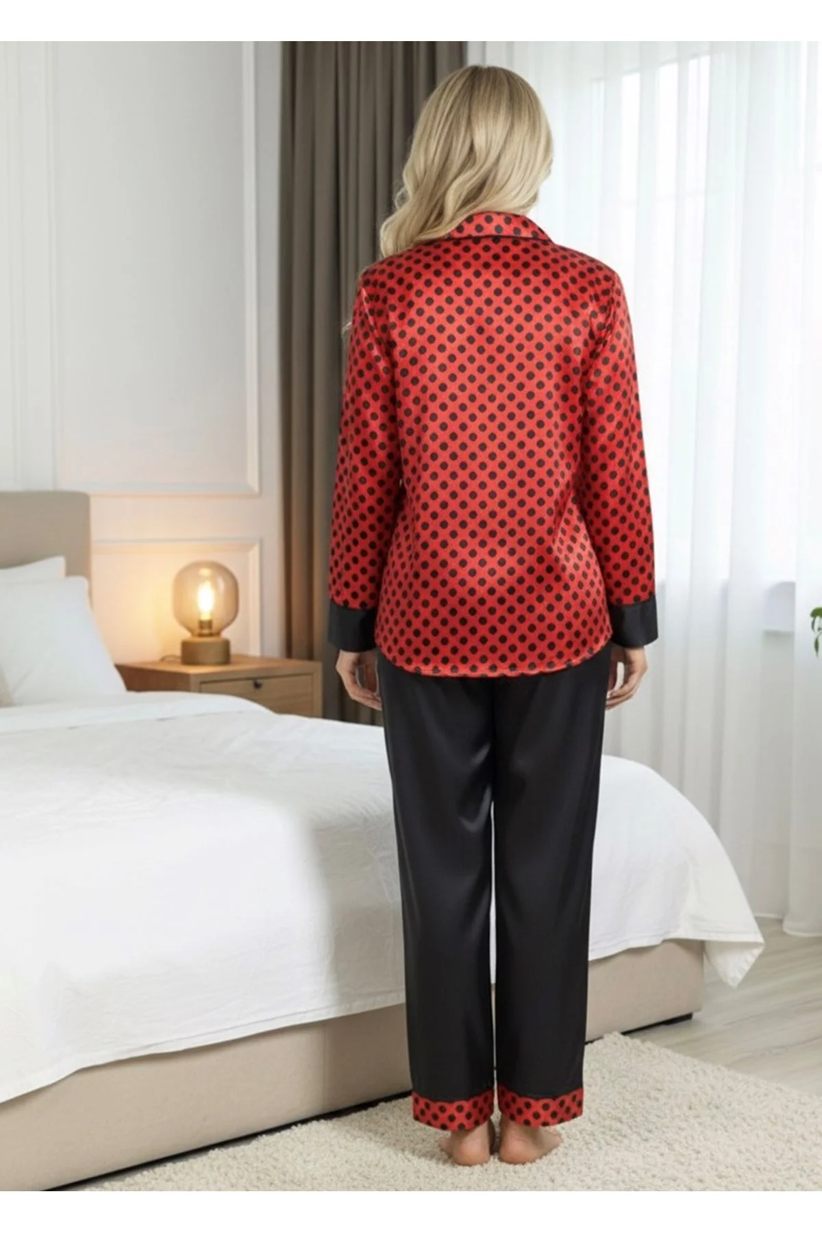 Siyah-Kırmızı Saten Pijama Takımı - 1621 Siyah-Kırmızı Saten Pijama Takımı - 1621 - Görsel 2