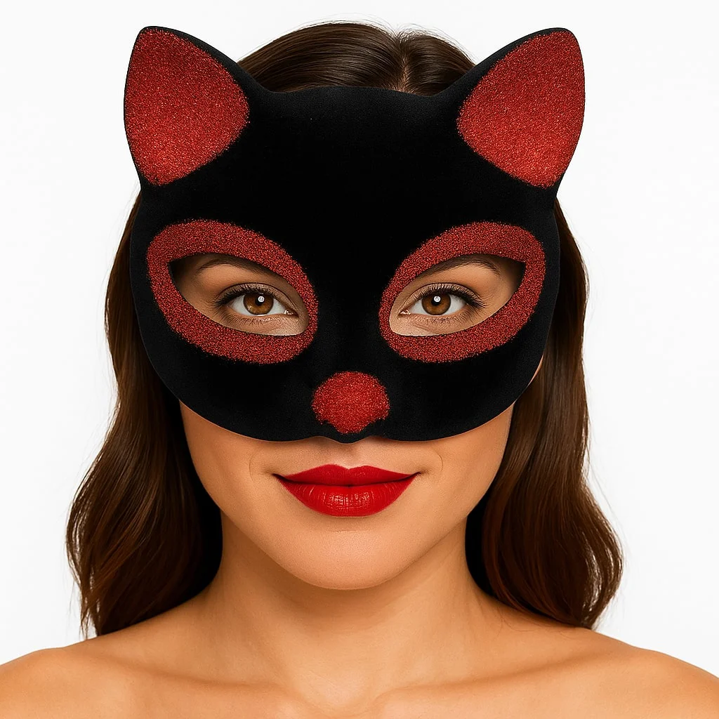 Siyah Kırmızı Simli Süet Kedi Maskesi 18x14 cm - Maskeli Balo Aksesuarı