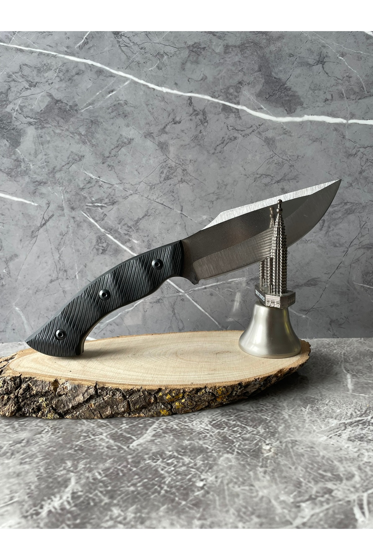 Siyah Kompakt Kabzeli El Yapımı Kılıflı Kamp ve Av Bıçağı – 23,5 