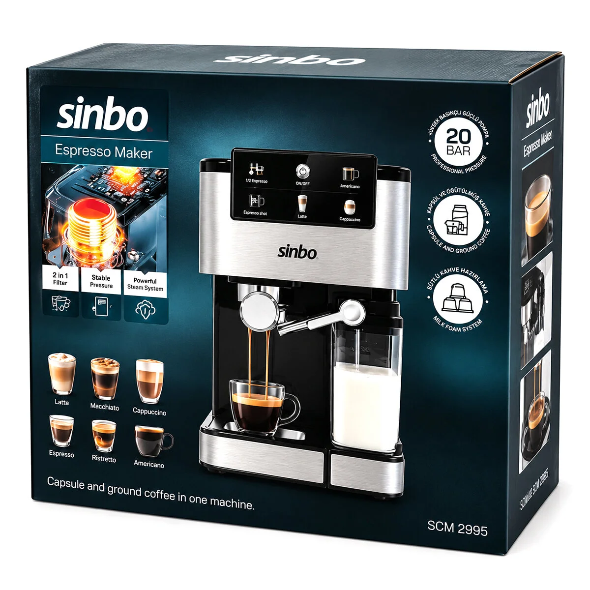 Siyah - Krom Espresso Kahve Makinesi 6 Farklı Kahve 1.5LT Su Hazne - 500ML Süt Hazne 1350W SCM-2995