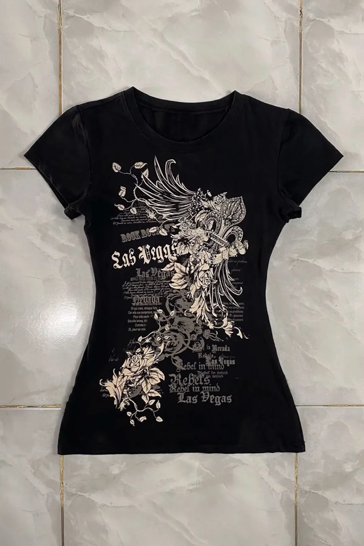 Siyah Las Vegas Rebels Grunge Y2K Kısa Kollu Crop